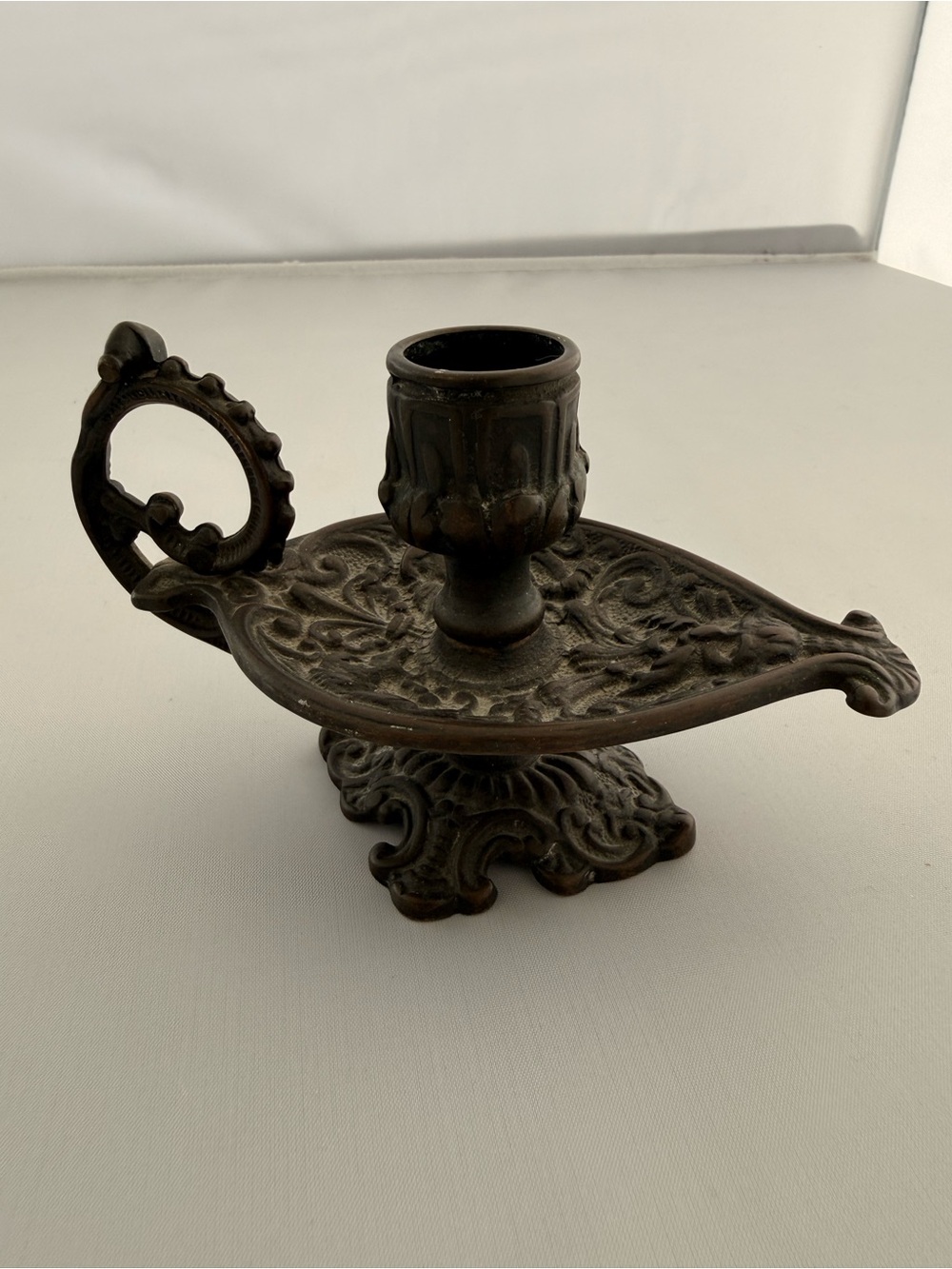 Vintage rustic Metal candle holder Art Nouveau chamberstick genie lamp